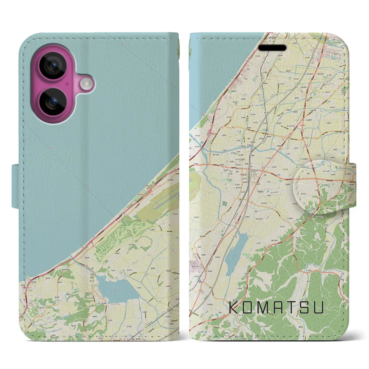 【小松（石川県）】地図柄iPhoneケース（手帳タイプ）ナチュラル・iPhone 16 Pro 用