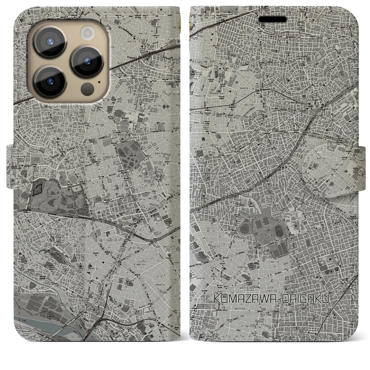 【駒沢大学】地図柄iPhoneケース（手帳両面タイプ・モノトーン）iPhone 14 Pro Max 用