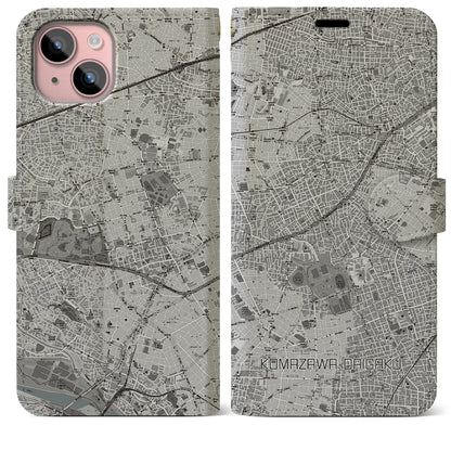 【駒沢大学（東京都）】地図柄iPhoneケース（手帳タイプ）モノトーン・iPhone 15 Plus 用