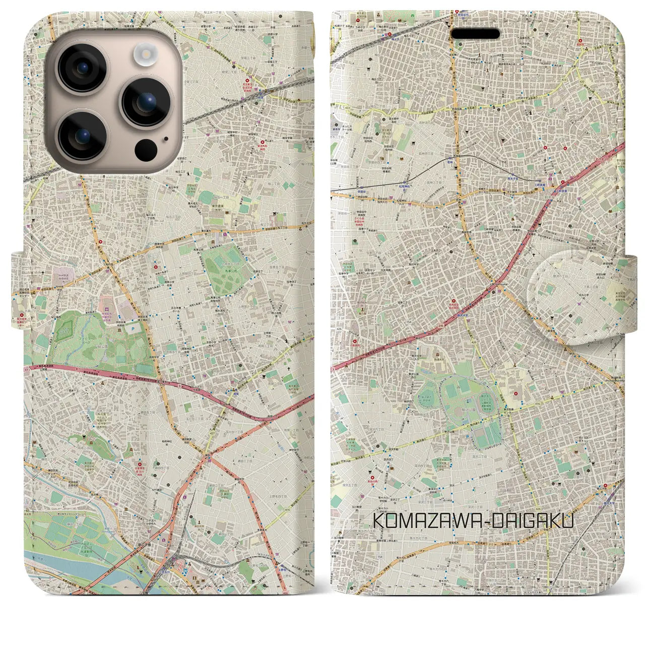 【駒沢大学（東京都）】地図柄iPhoneケース（手帳タイプ）ナチュラル・iPhone 16 Plus 用