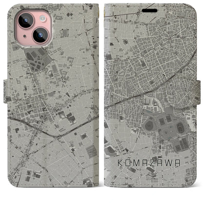 【駒沢（東京都）】地図柄iPhoneケース（手帳タイプ）モノトーン・iPhone 15 Plus 用