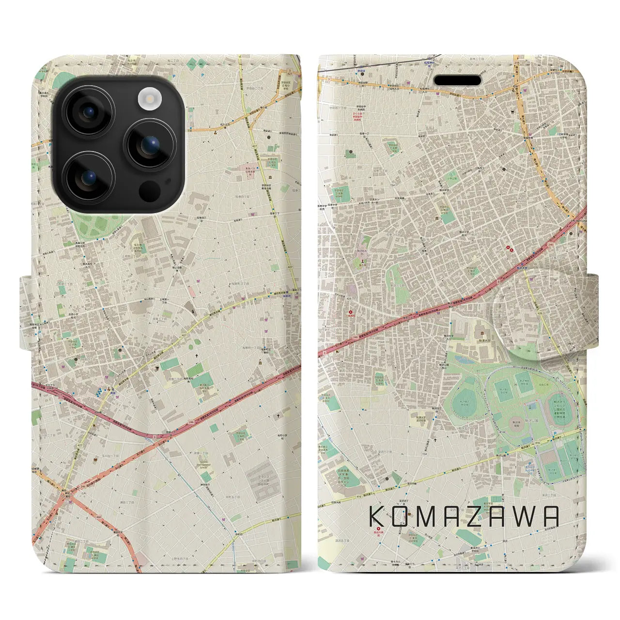 【駒沢（東京都）】地図柄iPhoneケース（手帳タイプ）ナチュラル・iPhone 16 用