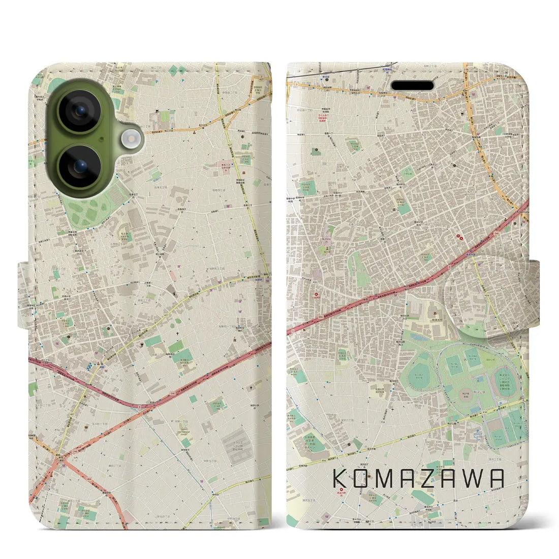 【駒沢（東京都）】地図柄iPhoneケース（手帳タイプ）ナチュラル・iPhone 17 Pro Max 用