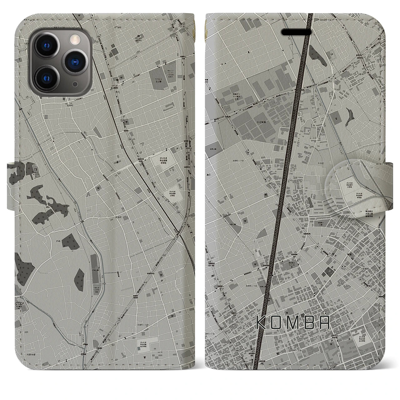 【今羽】地図柄iPhoneケース（手帳両面タイプ・モノトーン）iPhone 11 Pro Max 用