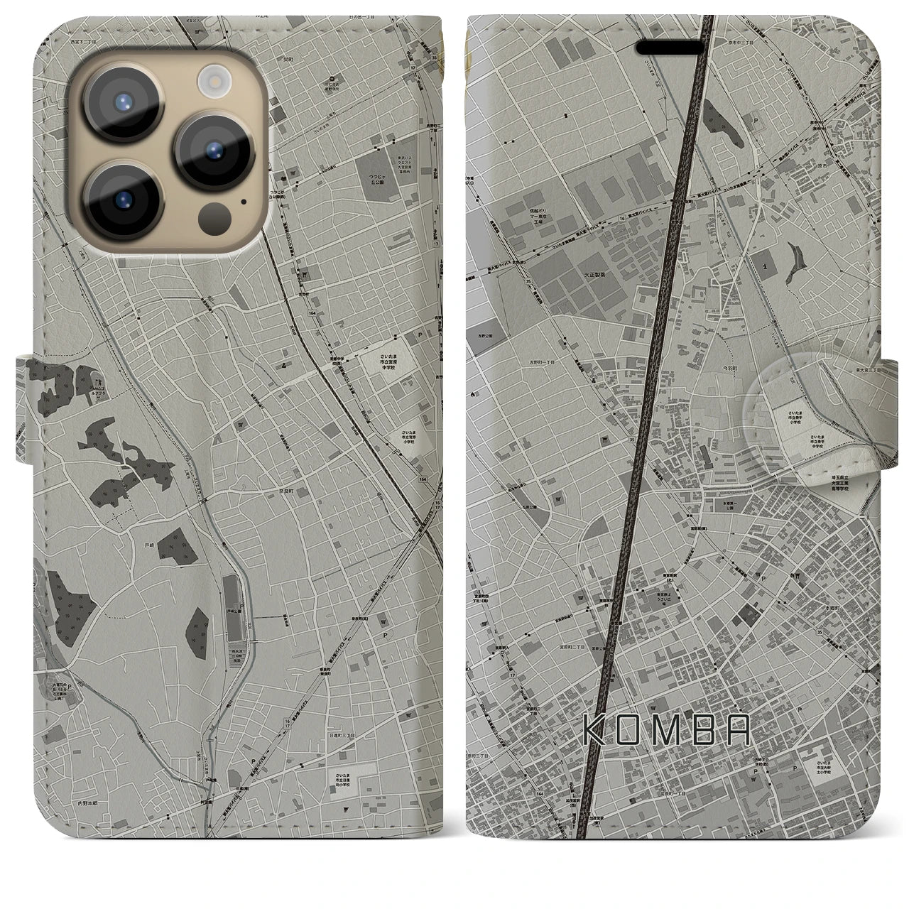 【今羽】地図柄iPhoneケース（手帳両面タイプ・モノトーン）iPhone 14 Pro Max 用