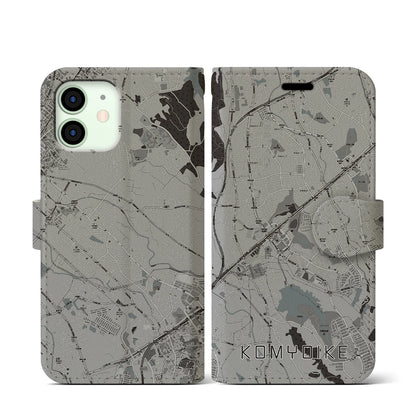 【光明池（大阪府）】地図柄iPhoneケース（手帳タイプ）モノトーン・iPhone 12 mini 用