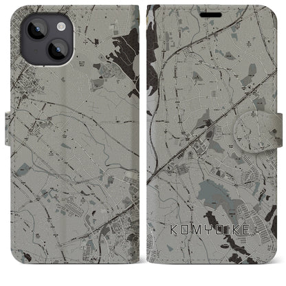 【光明池（大阪府）】地図柄iPhoneケース（手帳タイプ）モノトーン・iPhone 14 Plus 用