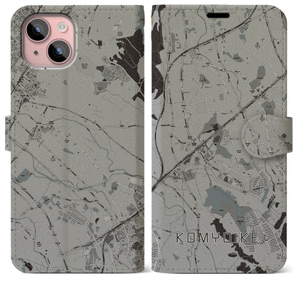 【光明池（大阪府）】地図柄iPhoneケース（手帳タイプ）モノトーン・iPhone 15 Plus 用