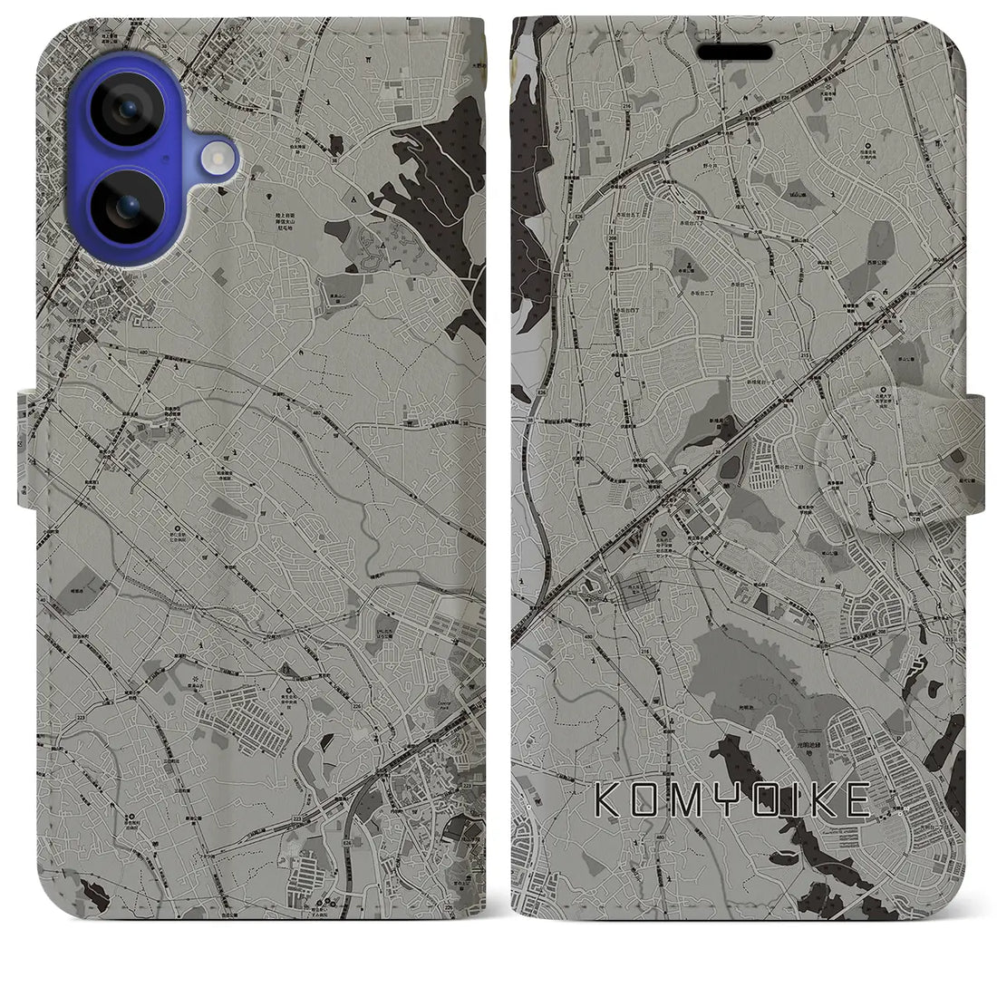 【光明池(大阪府)】地図柄iPhoneケース(手帳タイプ)モノトーン・iPhone 16 Pro Max 用