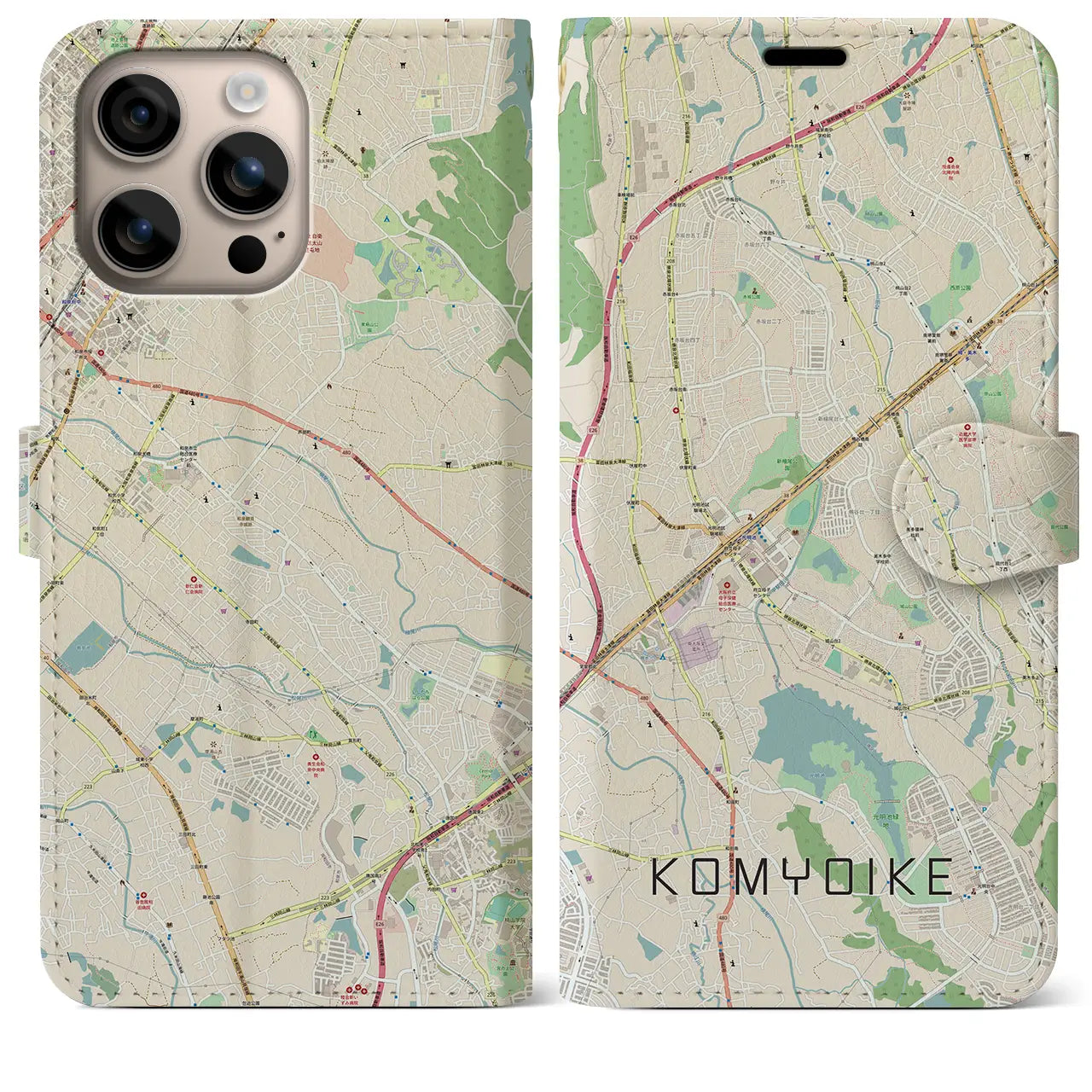 【光明池（大阪府）】地図柄iPhoneケース（手帳タイプ）ナチュラル・iPhone 16 Plus 用