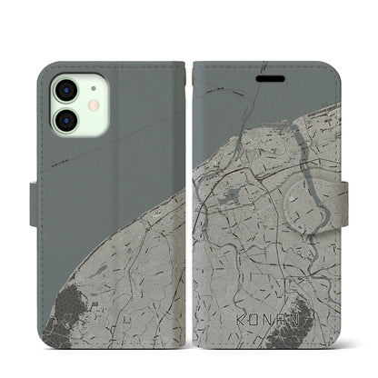 【江南（新潟県）】地図柄iPhoneケース（手帳タイプ）モノトーン・iPhone 12 mini 用