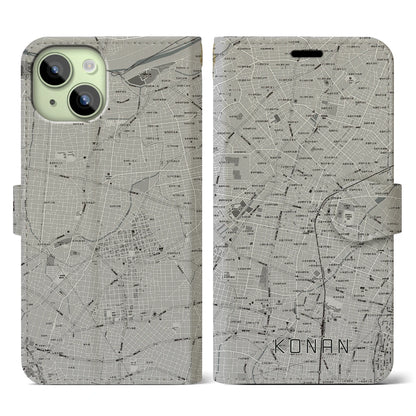 【江南（愛知県）】地図柄iPhoneケース（手帳タイプ）モノトーン・iPhone 15 用