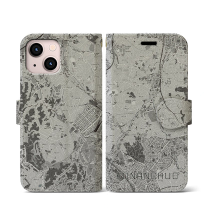 【港南中央（神奈川県）】地図柄iPhoneケース（手帳タイプ）モノトーン・iPhone 13 mini 用