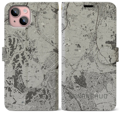 【港南中央（神奈川県）】地図柄iPhoneケース（手帳タイプ）モノトーン・iPhone 15 Plus 用