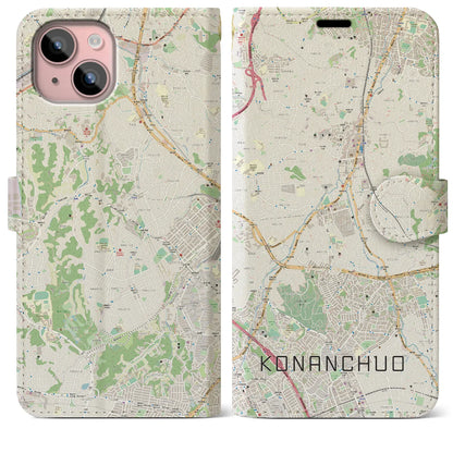 【港南中央（神奈川県）】地図柄iPhoneケース（手帳タイプ）ナチュラル・iPhone 15 Plus 用