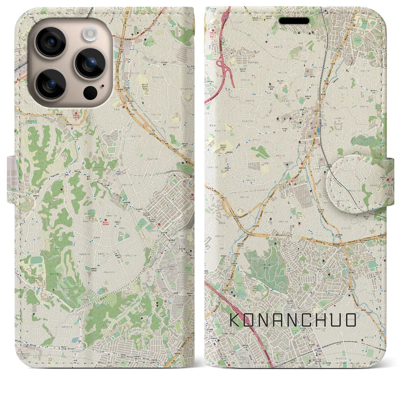 【港南中央（神奈川県）】地図柄iPhoneケース（手帳タイプ）ナチュラル・iPhone 16 Plus 用