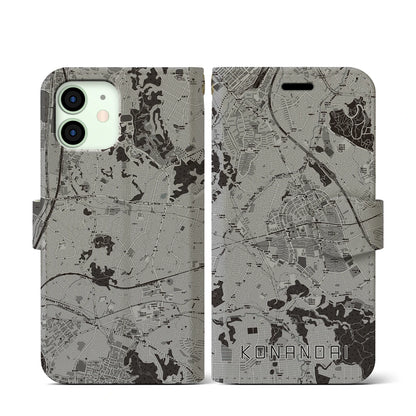 【港南台（神奈川県）】地図柄iPhoneケース（手帳タイプ）モノトーン・iPhone 12 mini 用