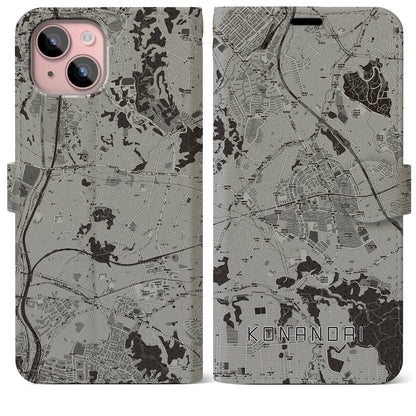 【港南台（神奈川県）】地図柄iPhoneケース（手帳タイプ）モノトーン・iPhone 15 Plus 用