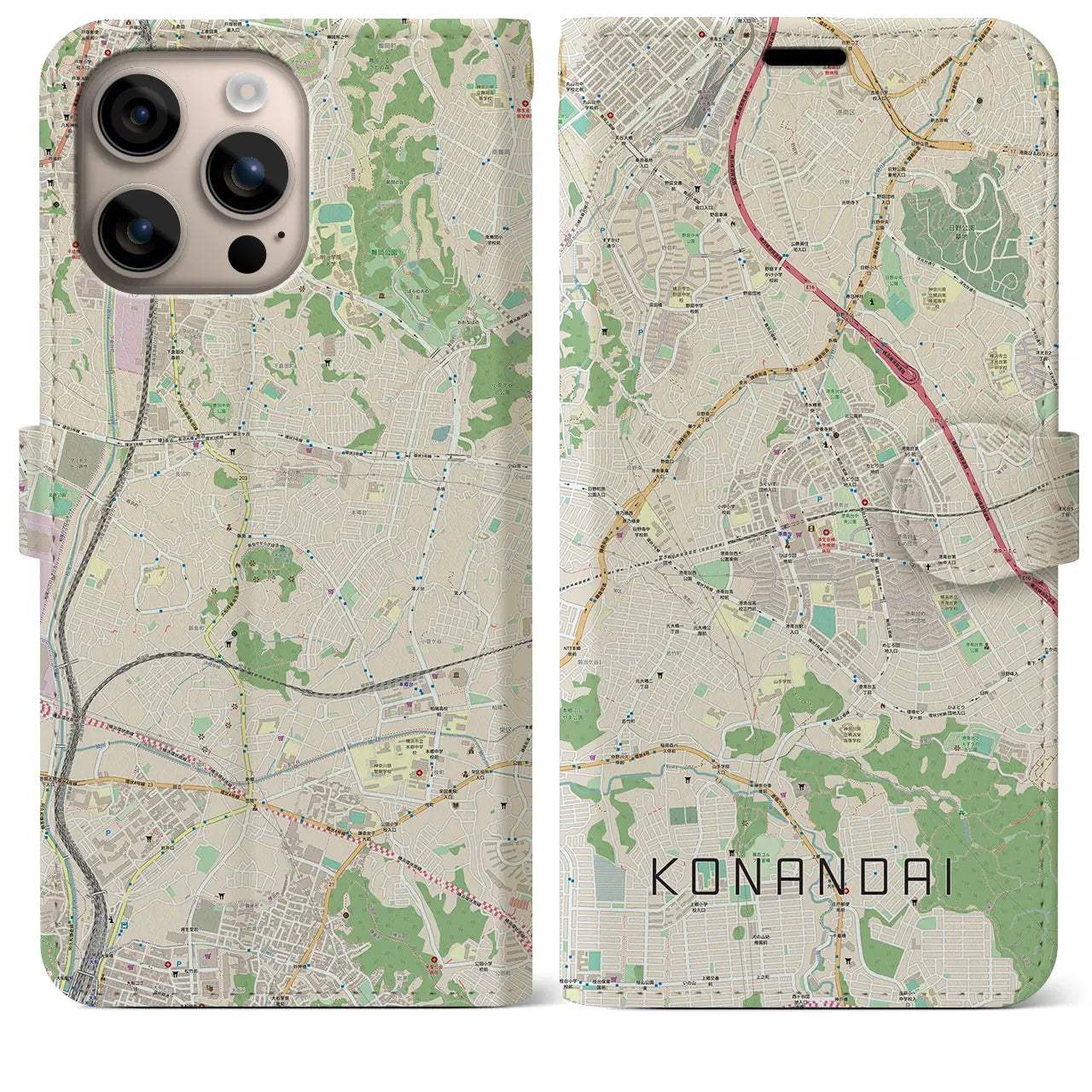 【港南台（神奈川県）】地図柄iPhoneケース（手帳タイプ）ナチュラル・iPhone 16 Plus 用