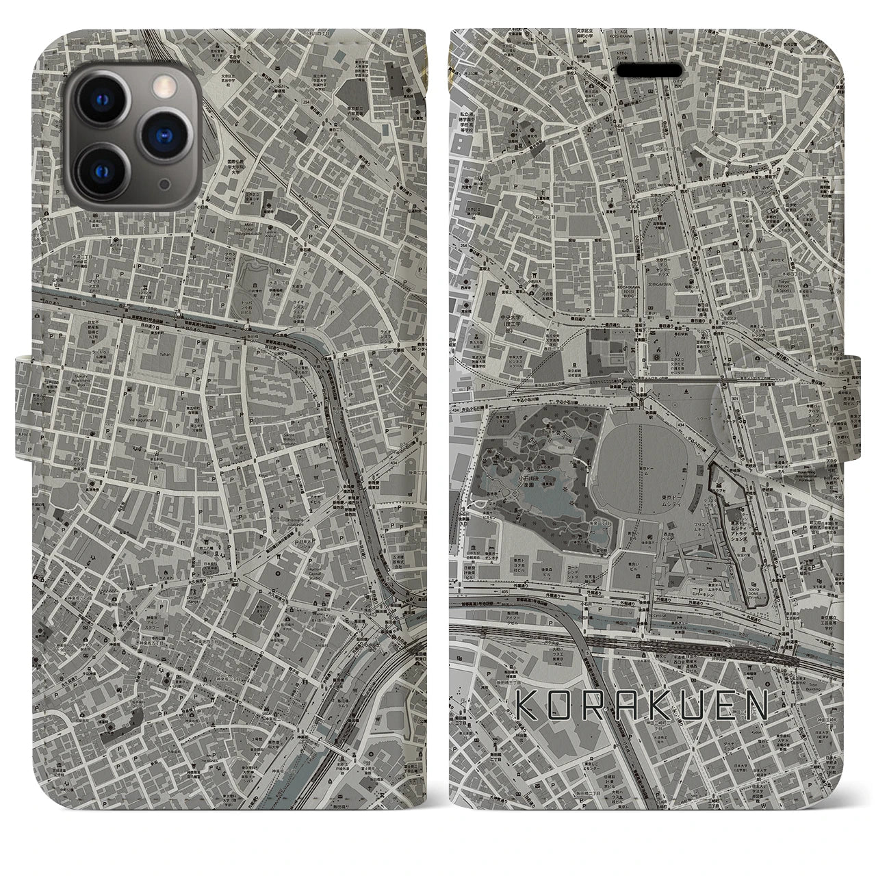 【後楽園】地図柄iPhoneケース（手帳両面タイプ・モノトーン）iPhone 11 Pro Max 用