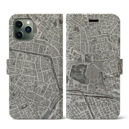 【後楽園（東京都）】地図柄iPhoneケース（手帳タイプ）モノトーン・iPhone 11 Pro 用