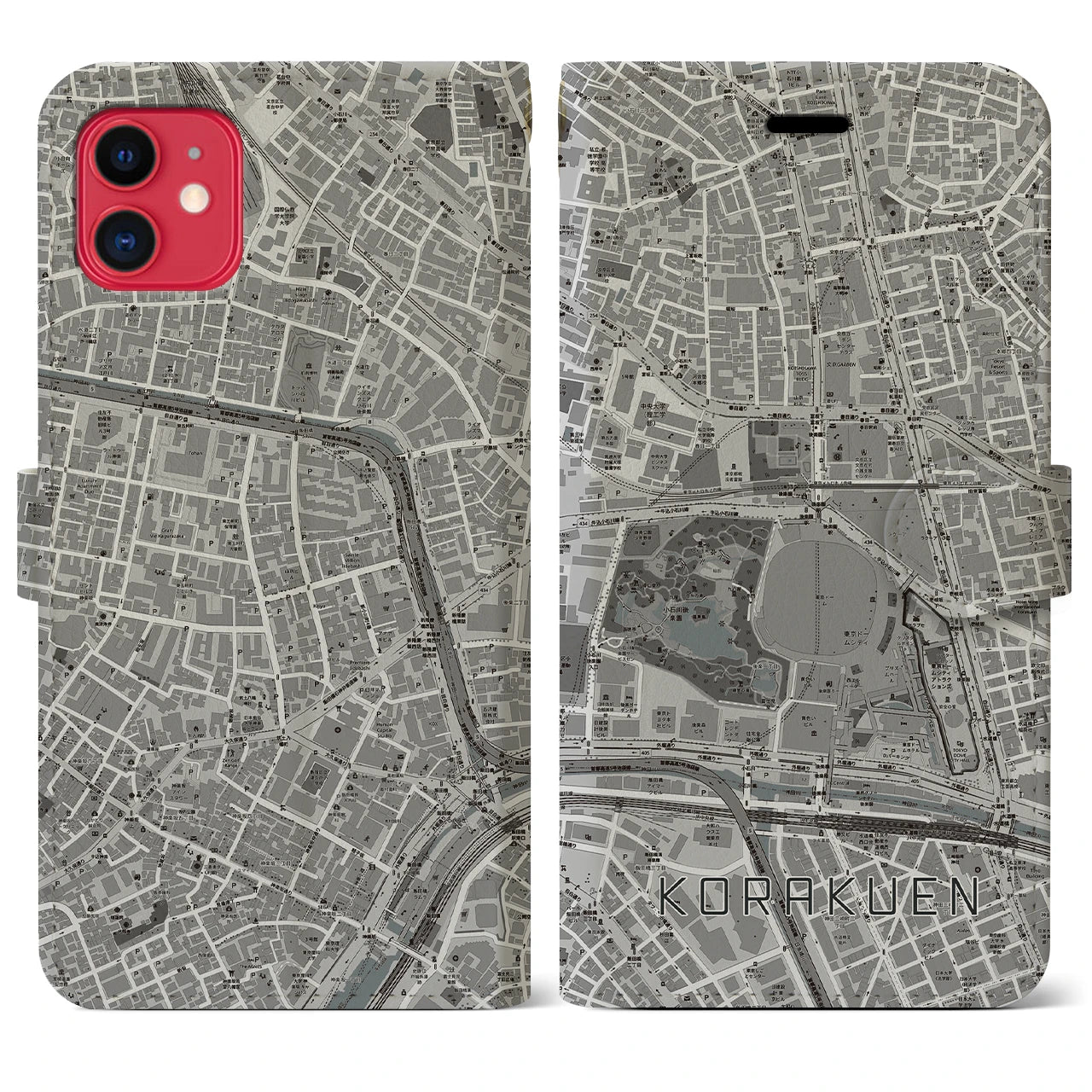【後楽園】地図柄iPhoneケース（手帳両面タイプ・モノトーン）iPhone 11 用