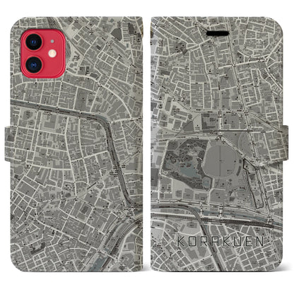 【後楽園（東京都）】地図柄iPhoneケース（手帳タイプ）モノトーン・iPhone 11 用