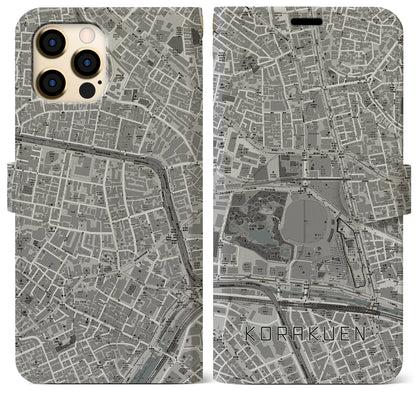 【後楽園（東京都）】地図柄iPhoneケース（手帳タイプ）モノトーン・iPhone 12 Pro Max 用