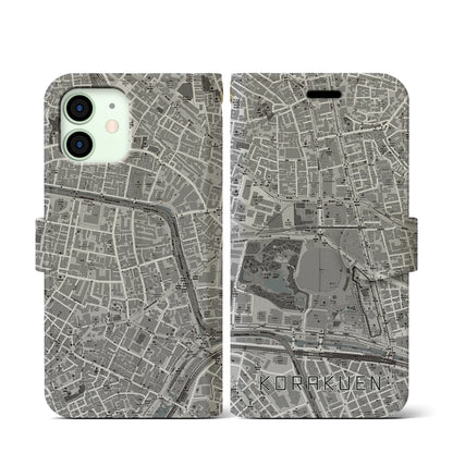 【後楽園（東京都）】地図柄iPhoneケース（手帳タイプ）モノトーン・iPhone 12 mini 用