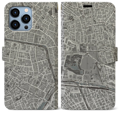 【後楽園（東京都）】地図柄iPhoneケース（手帳タイプ）モノトーン・iPhone 13 Pro Max 用