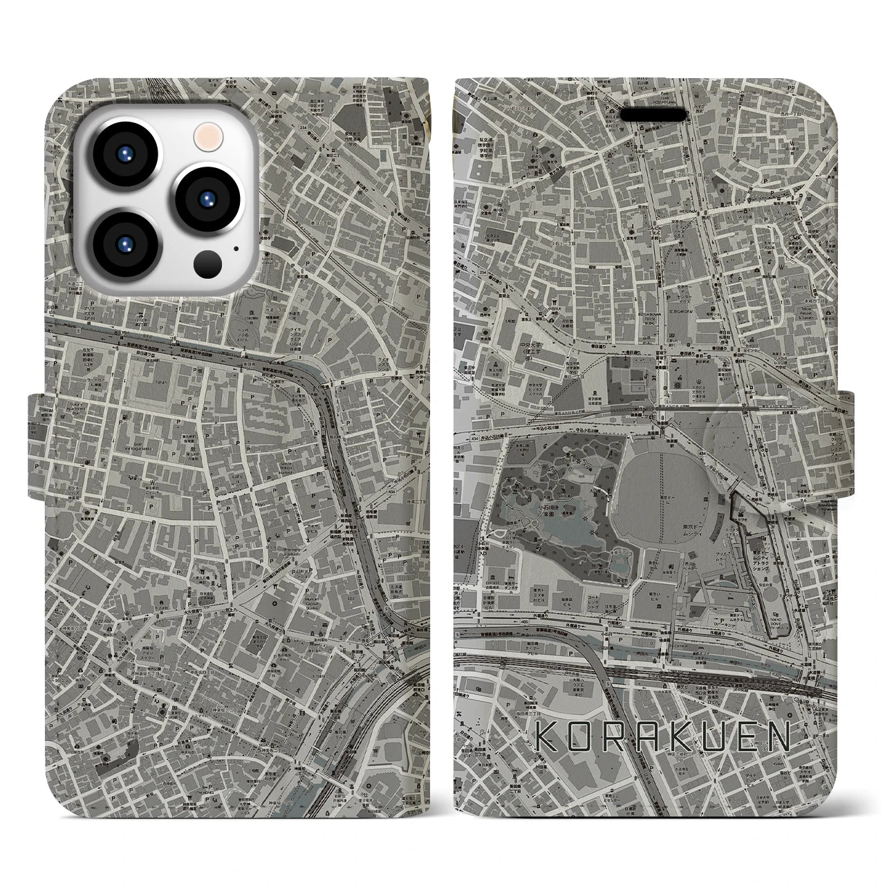 【後楽園】地図柄iPhoneケース（手帳両面タイプ・モノトーン）iPhone 13 Pro 用