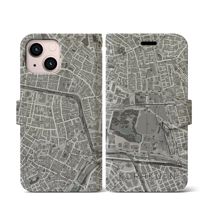 【後楽園（東京都）】地図柄iPhoneケース（手帳タイプ）モノトーン・iPhone 13 mini 用