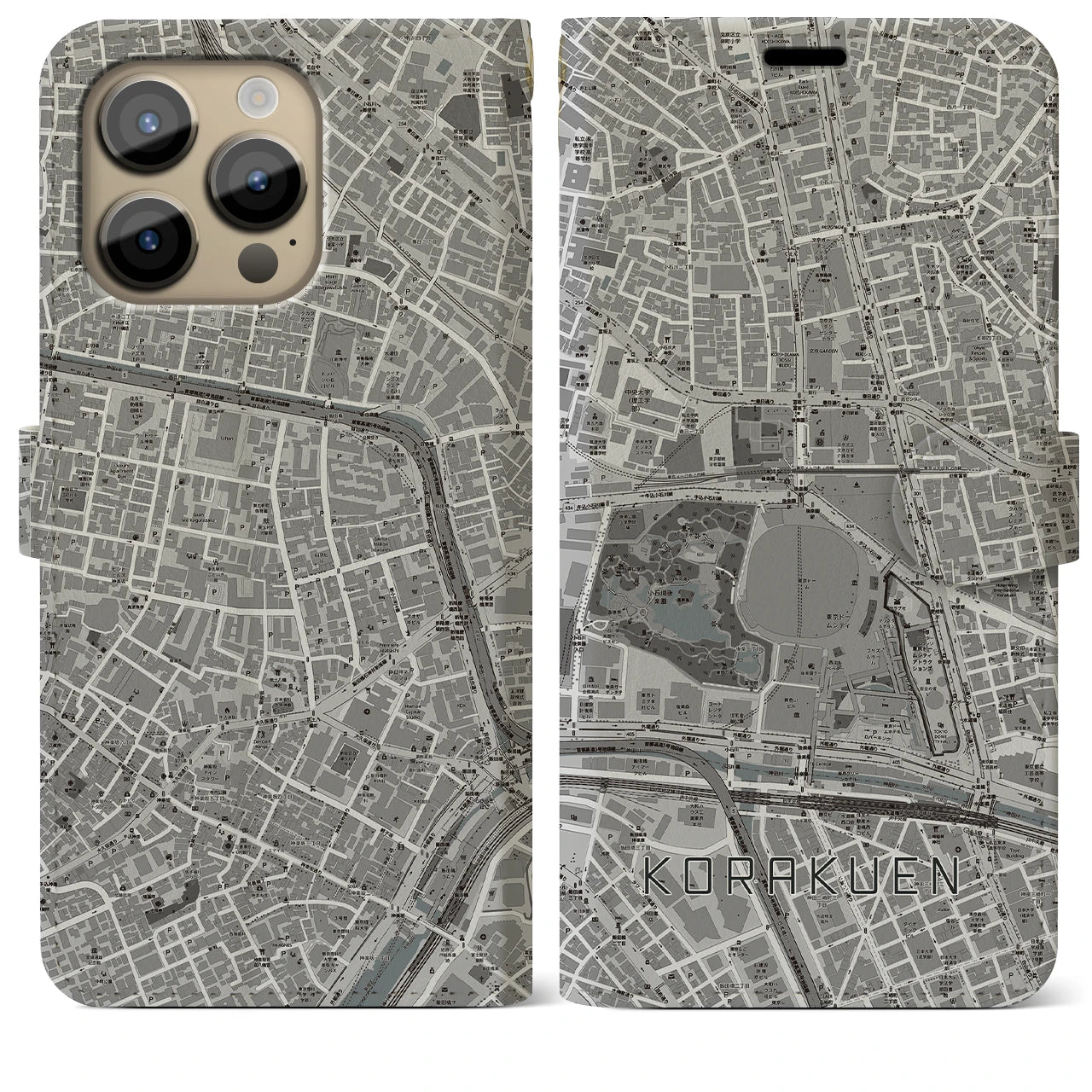 【後楽園】地図柄iPhoneケース（手帳両面タイプ・モノトーン）iPhone 14 Pro Max 用