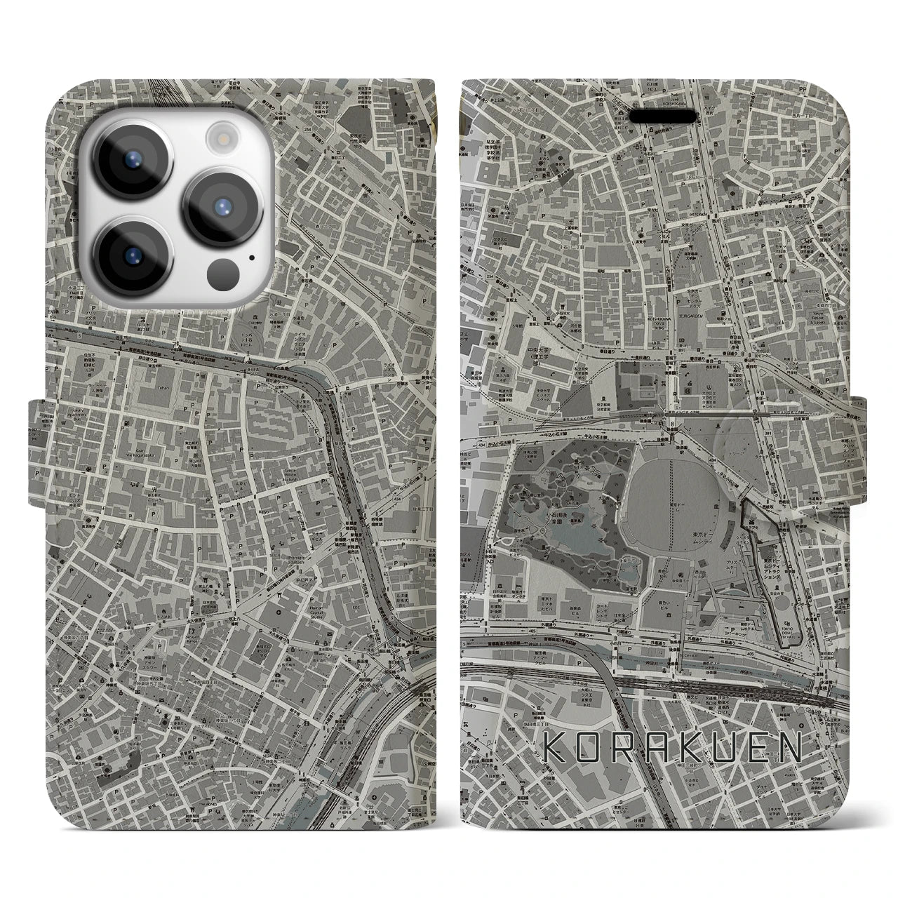 【後楽園】地図柄iPhoneケース（手帳両面タイプ・モノトーン）iPhone 14 Pro 用