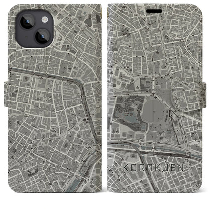 【後楽園（東京都）】地図柄iPhoneケース（手帳タイプ）モノトーン・iPhone 14 Plus 用