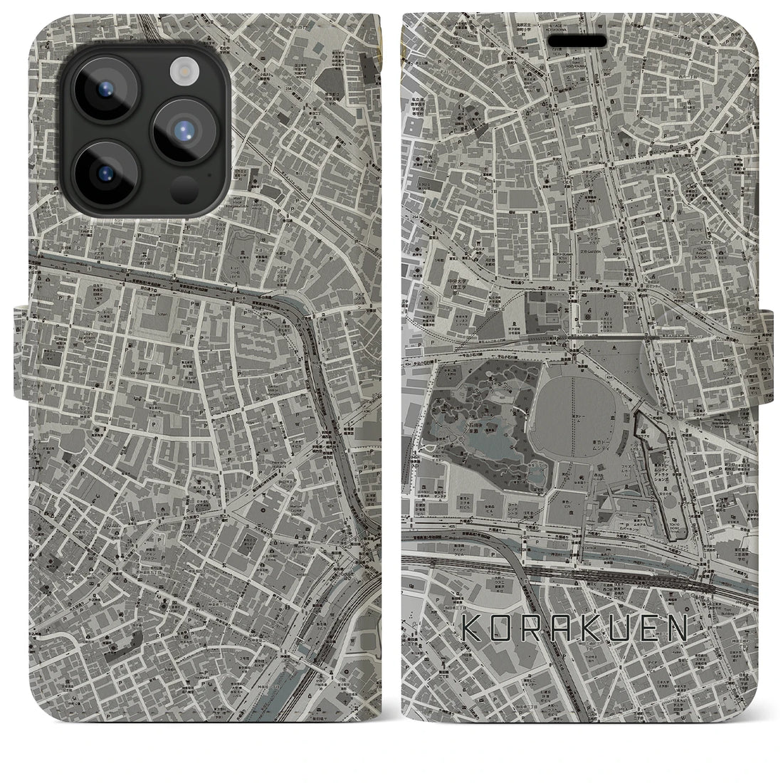 【後楽園】地図柄iPhoneケース（手帳両面タイプ・モノトーン）iPhone 15 Pro Max 用