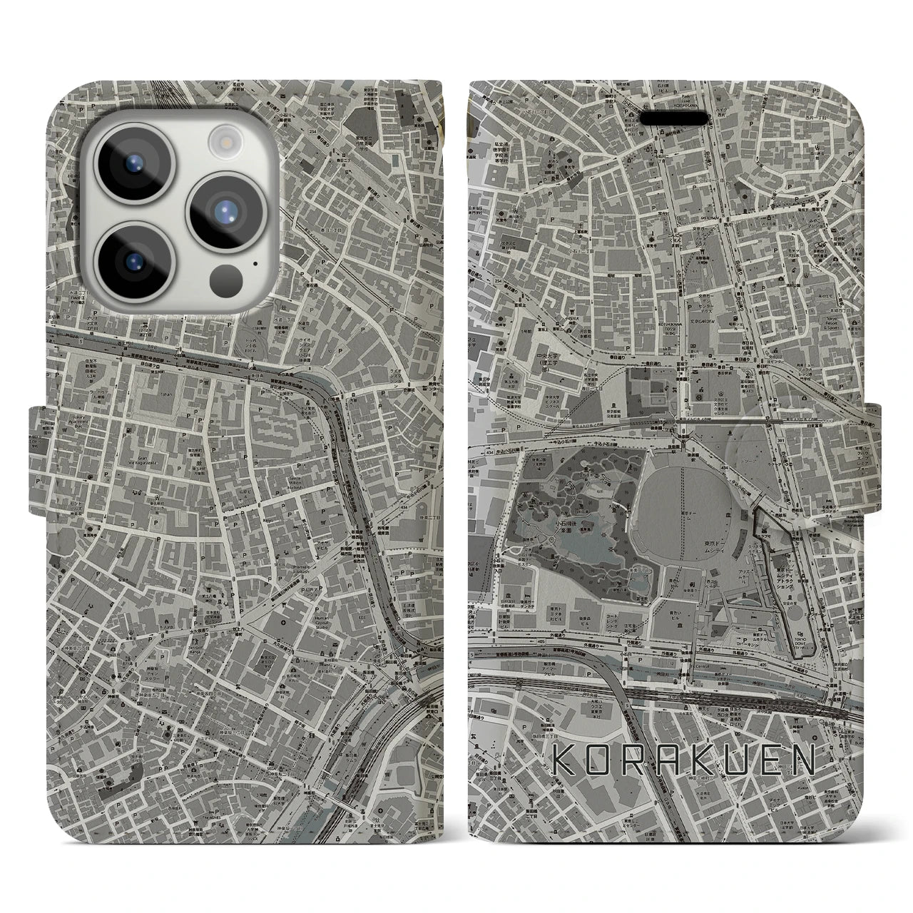 【後楽園】地図柄iPhoneケース（手帳両面タイプ・モノトーン）iPhone 15 Pro 用