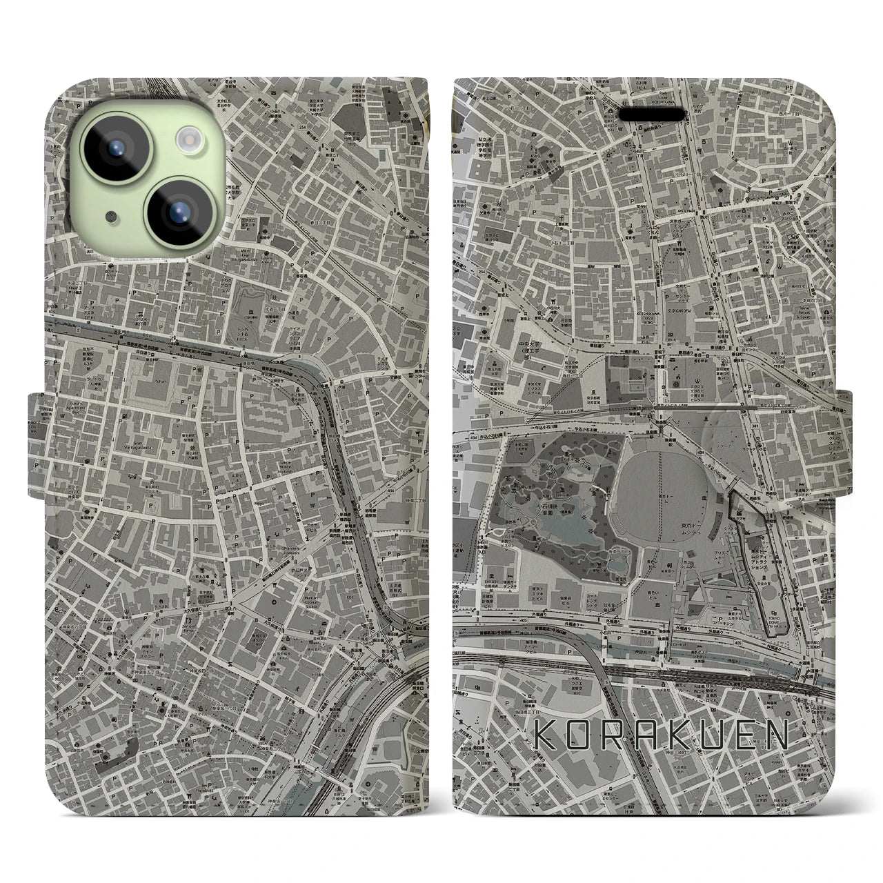 【後楽園】地図柄iPhoneケース（手帳両面タイプ・モノトーン）iPhone 15 用