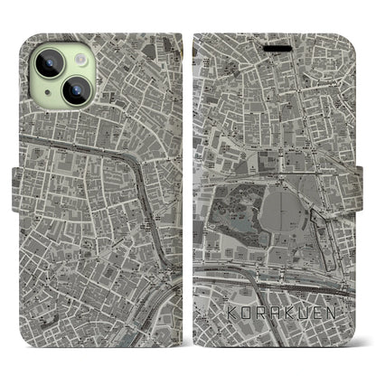 【後楽園（東京都）】地図柄iPhoneケース（手帳タイプ）モノトーン・iPhone 15 用