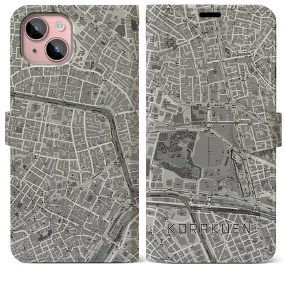 【後楽園（東京都）】地図柄iPhoneケース（手帳タイプ）モノトーン・iPhone 15 Plus 用