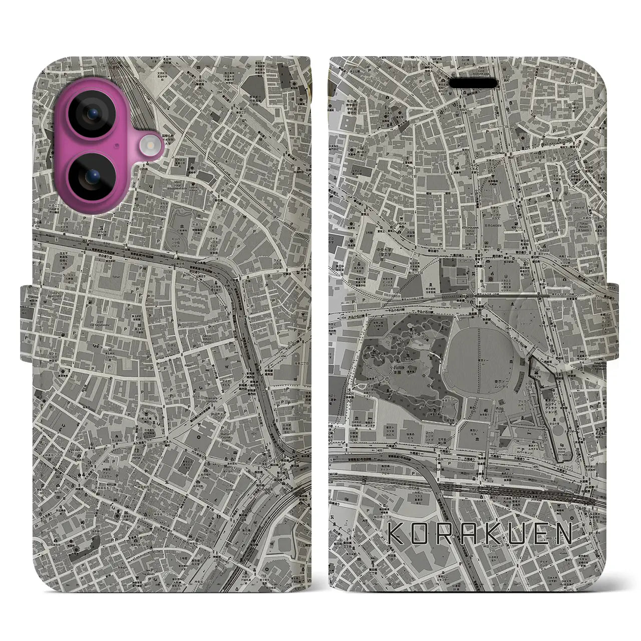 【後楽園（東京都）】地図柄iPhoneケース（手帳タイプ）モノトーン・iPhone 16 Pro 用