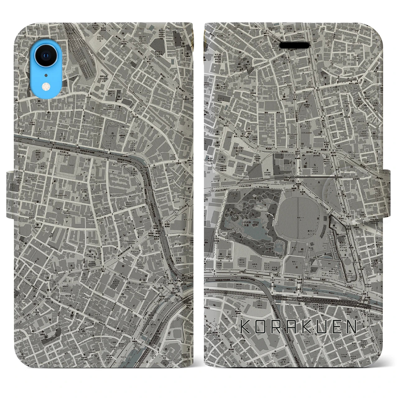 【後楽園】地図柄iPhoneケース（手帳両面タイプ・モノトーン）iPhone XR 用