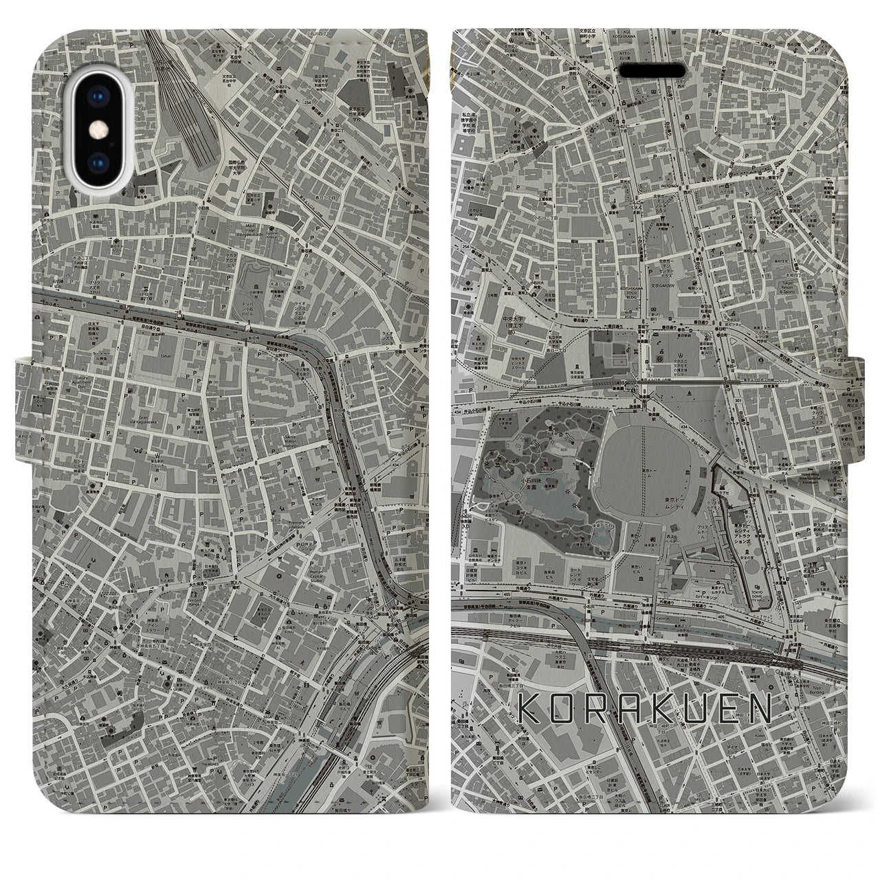 【後楽園】地図柄iPhoneケース（手帳両面タイプ・モノトーン）iPhone XS Max 用