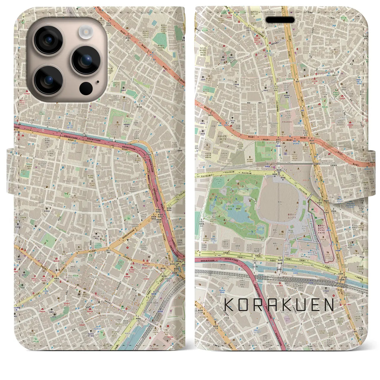 【後楽園（東京都）】地図柄iPhoneケース（手帳タイプ）ナチュラル・iPhone 16 Plus 用