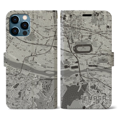 【是政（東京都）】地図柄iPhoneケース（手帳タイプ）モノトーン・iPhone 12 / 12 Pro 用