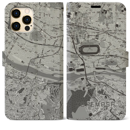 【是政（東京都）】地図柄iPhoneケース（手帳タイプ）モノトーン・iPhone 12 Pro Max 用