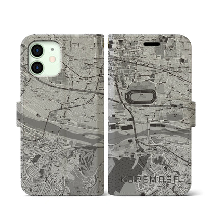 【是政（東京都）】地図柄iPhoneケース（手帳タイプ）モノトーン・iPhone 12 mini 用