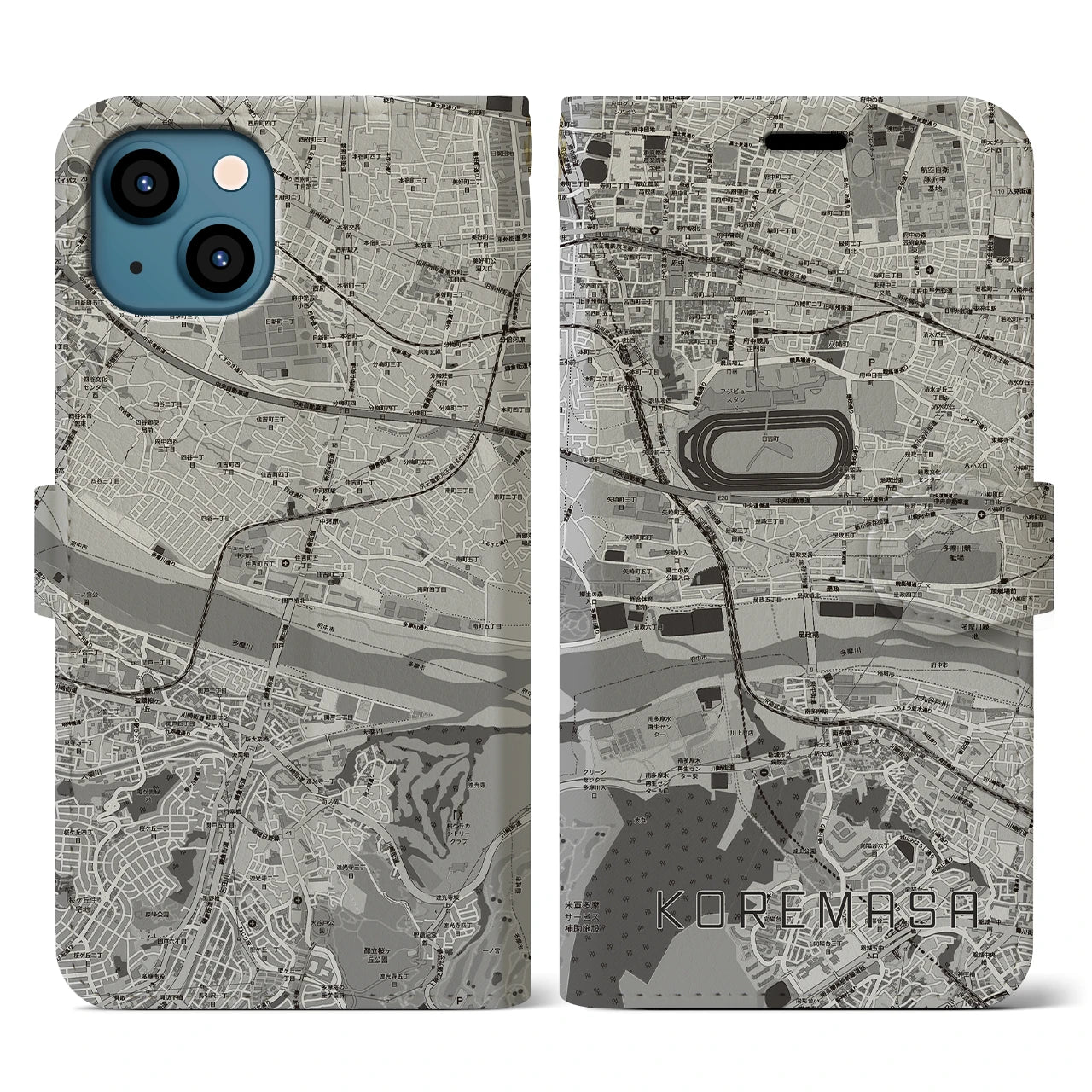 【是政】地図柄iPhoneケース（手帳タイプ・モノトーン）iPhone 13 用