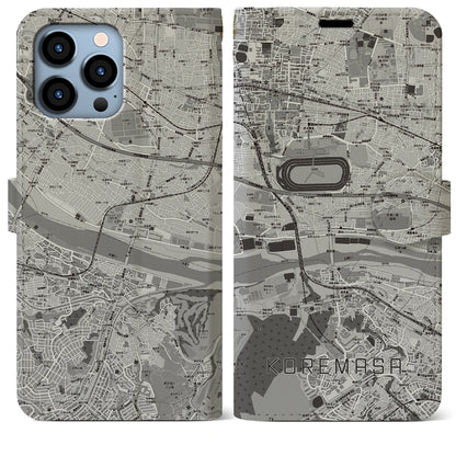 【是政（東京都）】地図柄iPhoneケース（手帳タイプ）モノトーン・iPhone 13 Pro Max 用