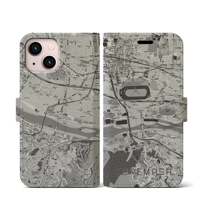 【是政（東京都）】地図柄iPhoneケース（手帳タイプ）モノトーン・iPhone 13 mini 用